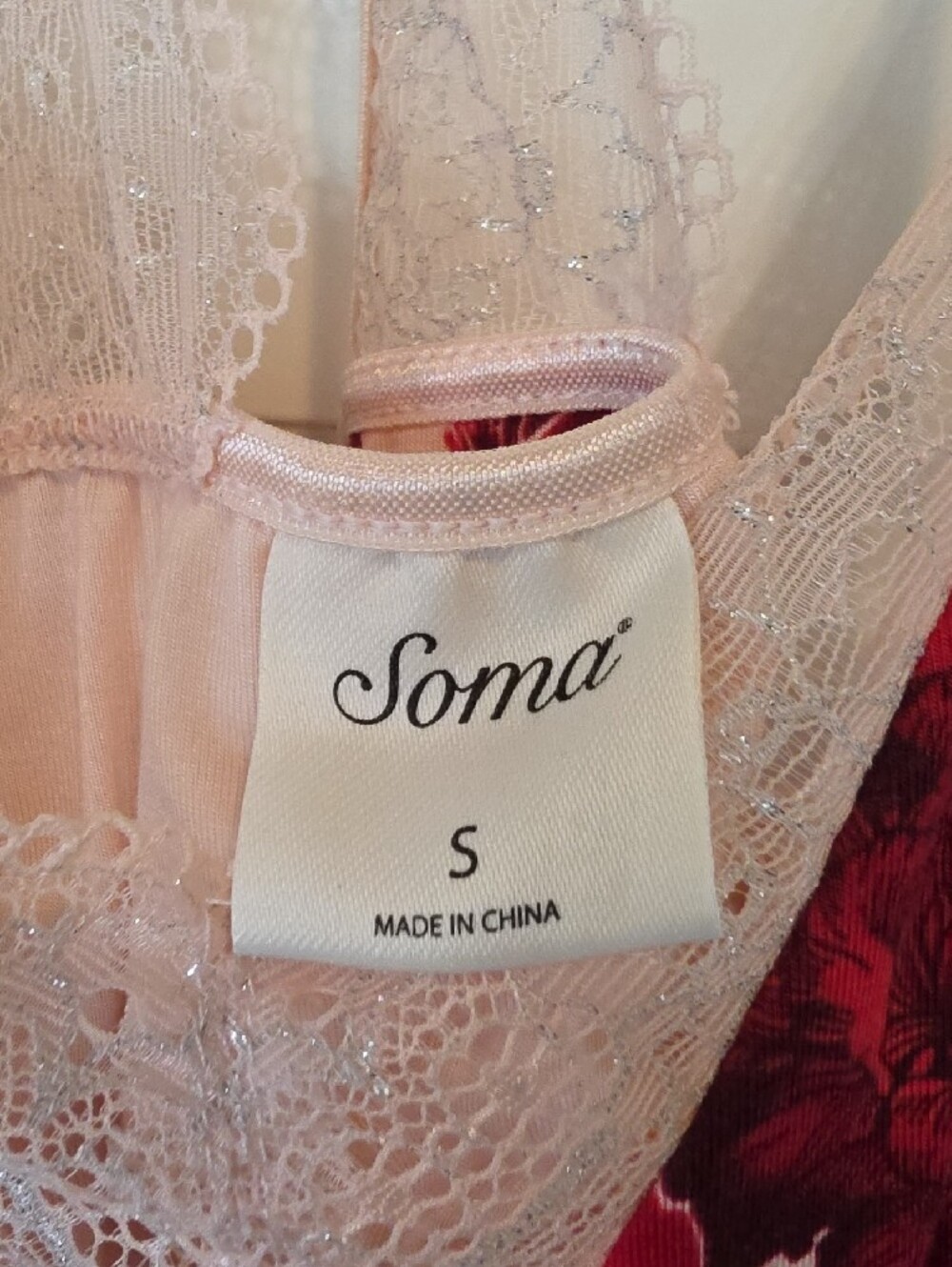 Soma Floral Racer-Back Cami - Pink with Red Rose Print and Lace Trim - Small - Picture 2 of 9